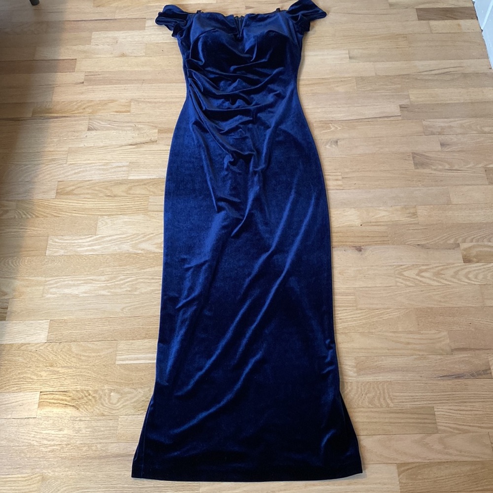 Navy Velvet Off Shoulder Gown